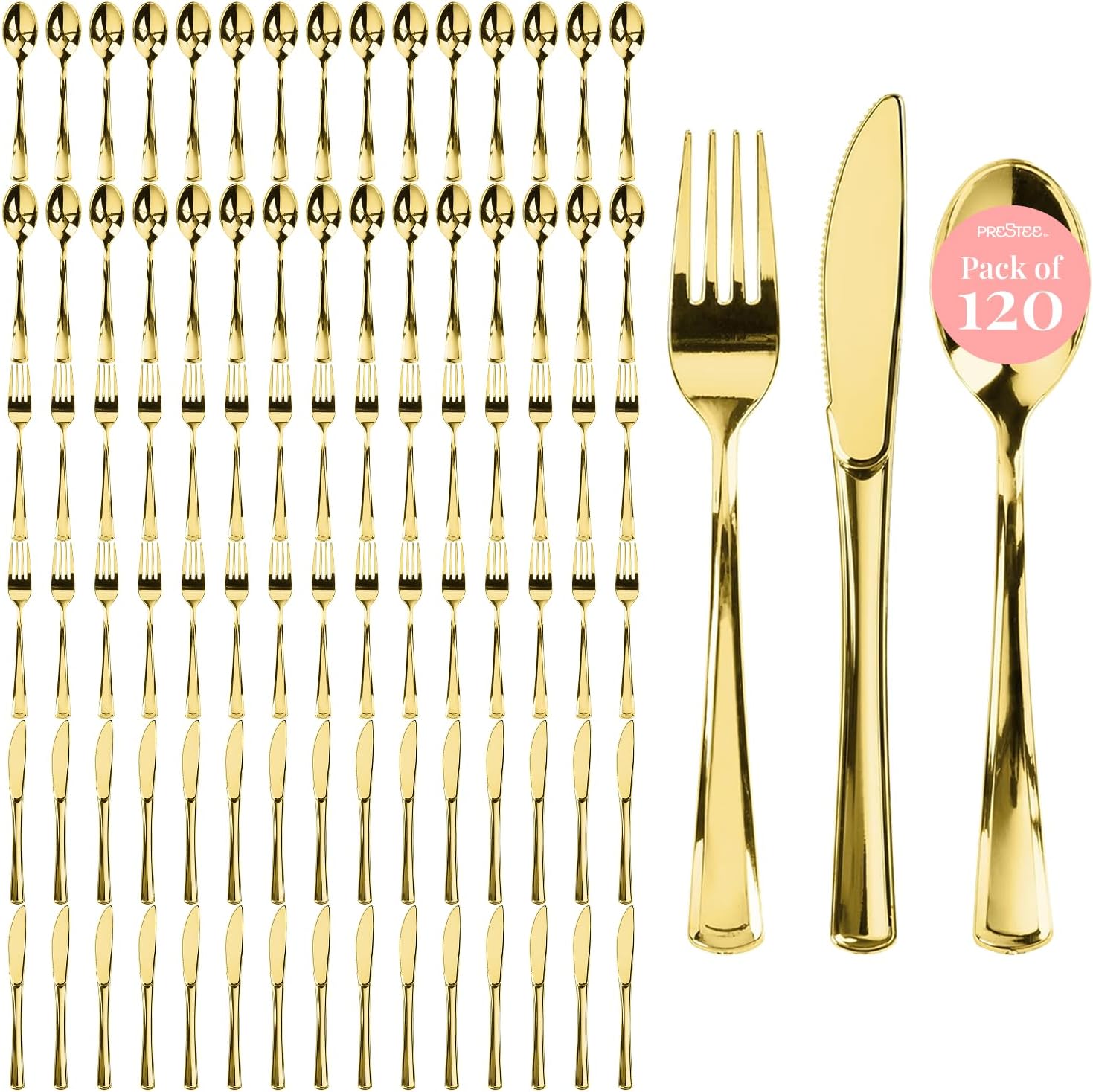 Prestee 120 Cutlery Set - Gold Plastic Silverware Set of 40 Forks, 40 Spoons, 40 Knives - Heavy Duty Plastic Utensils and Disposable Flatware - Elegant Knives Spoons and Forks Set for Events