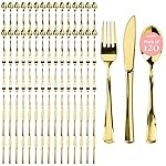 Prestee 120 Cutlery Set - Gold Plastic Silverware Set of 40 Forks, 40 Spoons, 40 Knives - Heavy Duty Plastic Utensils and Disposable Flatware - Elegant Knives Spoons and Forks Set for Events