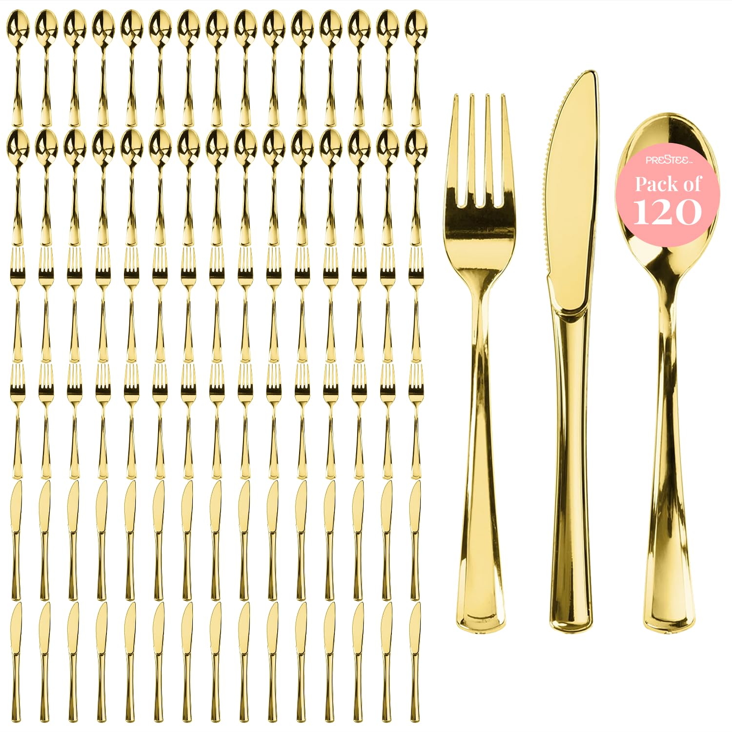 Prestee 120 Gold Plastic Cutlery Set - 40 Forks, 40 Spoons, 40 Knives - Heavy Duty Disposable Flatware