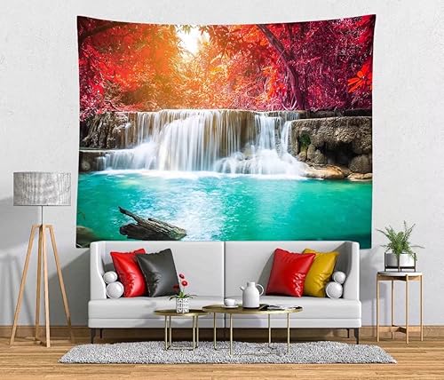 Miniatura 8 de BELECO Tapiz de cascada de jardín forestal para colgar en la pared, rocas de montaña, paisaje de agua que fluye, plantas verdes, árboles, hermoso