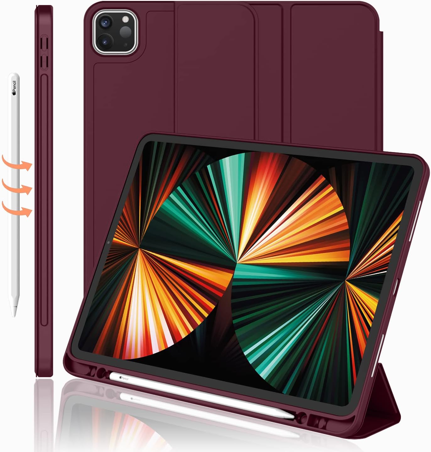New iPad Pro 12.9 Case 2022(6th Gen)/2021(5th Gen) with Pencil Holder [Support iPad 2nd Pencil Charging/Pair],Trifold Stand Smart Case with Soft TPU Back,Auto Wake/Sleep(Wine)