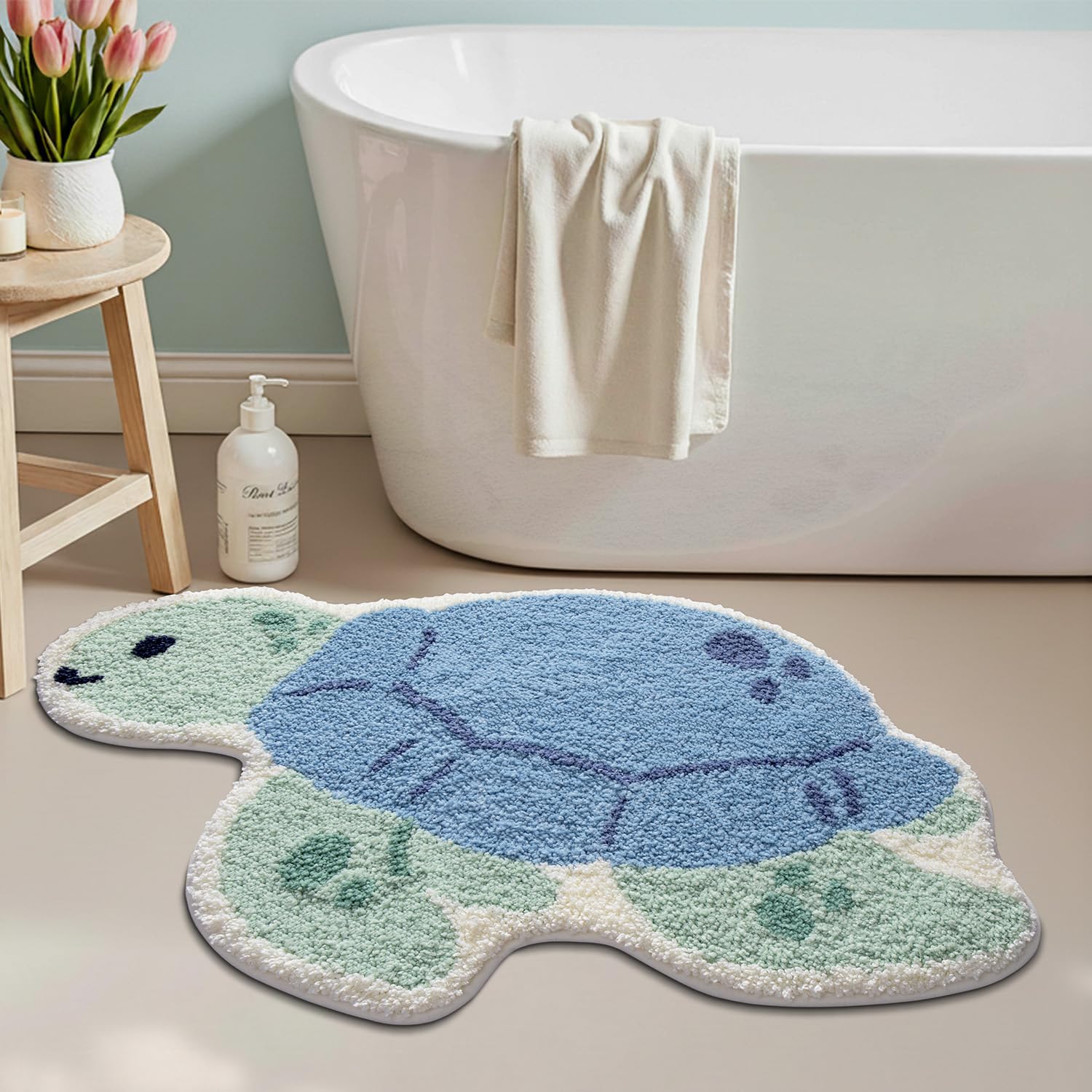 LUMI Niedliche Tier-Badezimmerteppiche, saugfähige Plüsch-Badematten für Badezimmer, rutschfeste Unterseite, waschbar, ideal für Dusche, Waschbecken, Badewanne, Raumdekoration, 51 x 84 cm, blaue