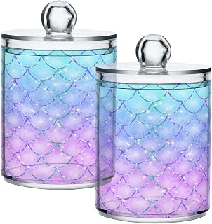 MNSRUU 2 Pack Qtip Holder Organizer Dispenser Pink Blue Mermaid Scales Bathroom Storage Canister Cotton Ball Holder Bathroom Containers for Cotton Swabs/Pads/Floss