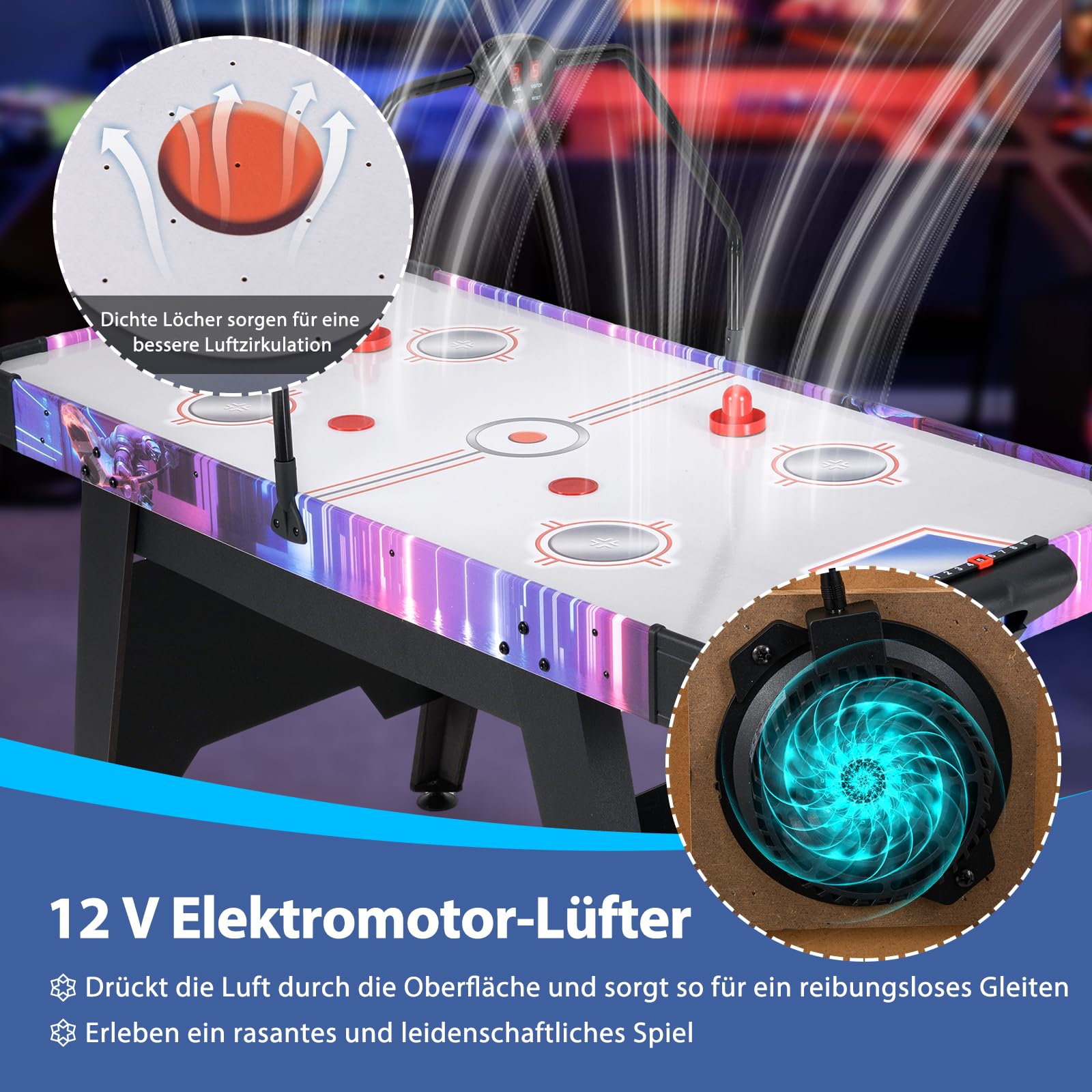 DREAMADE 144cm Airhockey Tisch, Air Hockey Spieltisch mit Luft & LED-Anzeigetafel, Spieltisch mit 2 Pucks & 2 Pusher & verstellbaren Fußpolstern, Airhockeytisch für Spielzimmer, Zuhause & Büro
