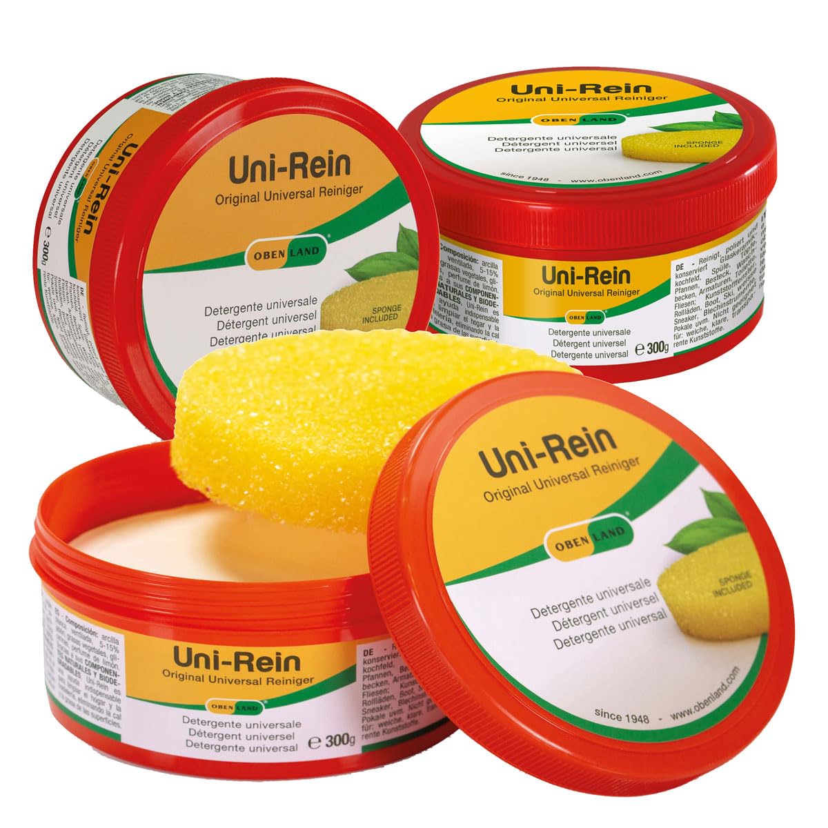 Obenland Uni-Rein Piedra de Limpieza Natural 3x300 gr– Limpiador Universal con Esponjas para Cocina, Baño, WC, Cristales, Inox, Zapatillas