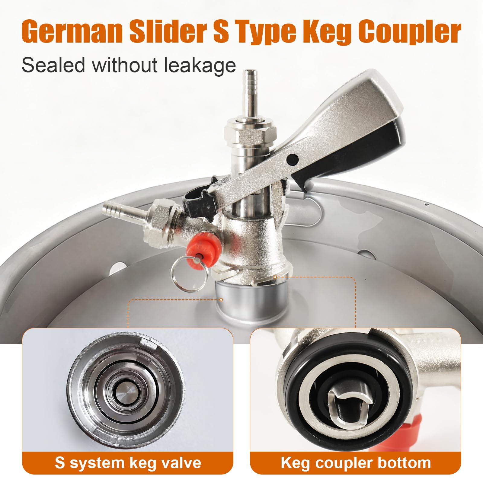 Keg Verschluss Zapfkopf G5/8 Gewinde mit Überdruckventil, Kegverschluss Zapfkopf Typ S, Edelstahl Kombi Zapfkopf für Kegs