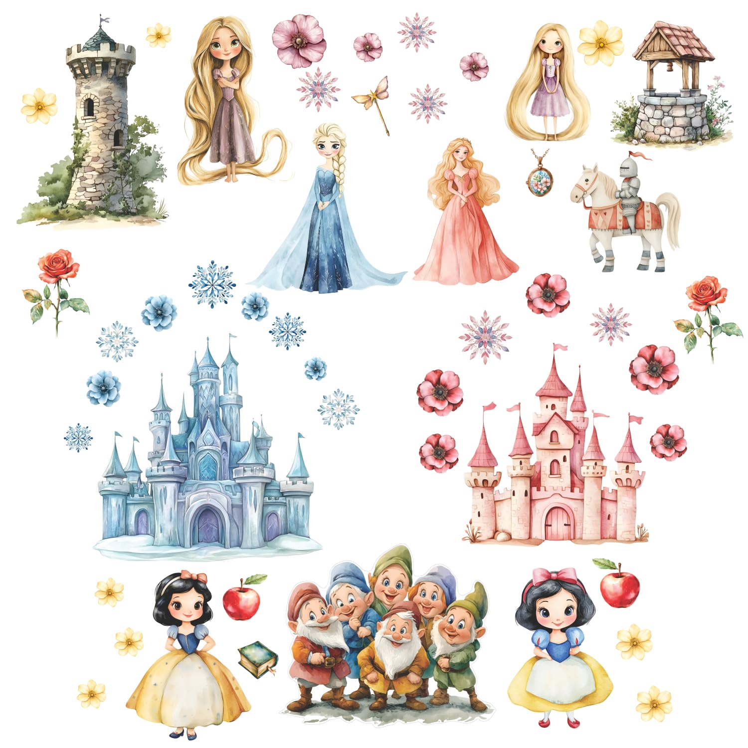 Finedeco Girls Multi Princess Wall Stickers For Bedroom Featuring Cinderella, Snow White, Frozen, Rapunzel | Over 50 Wall Stickers For Decoration Size 4