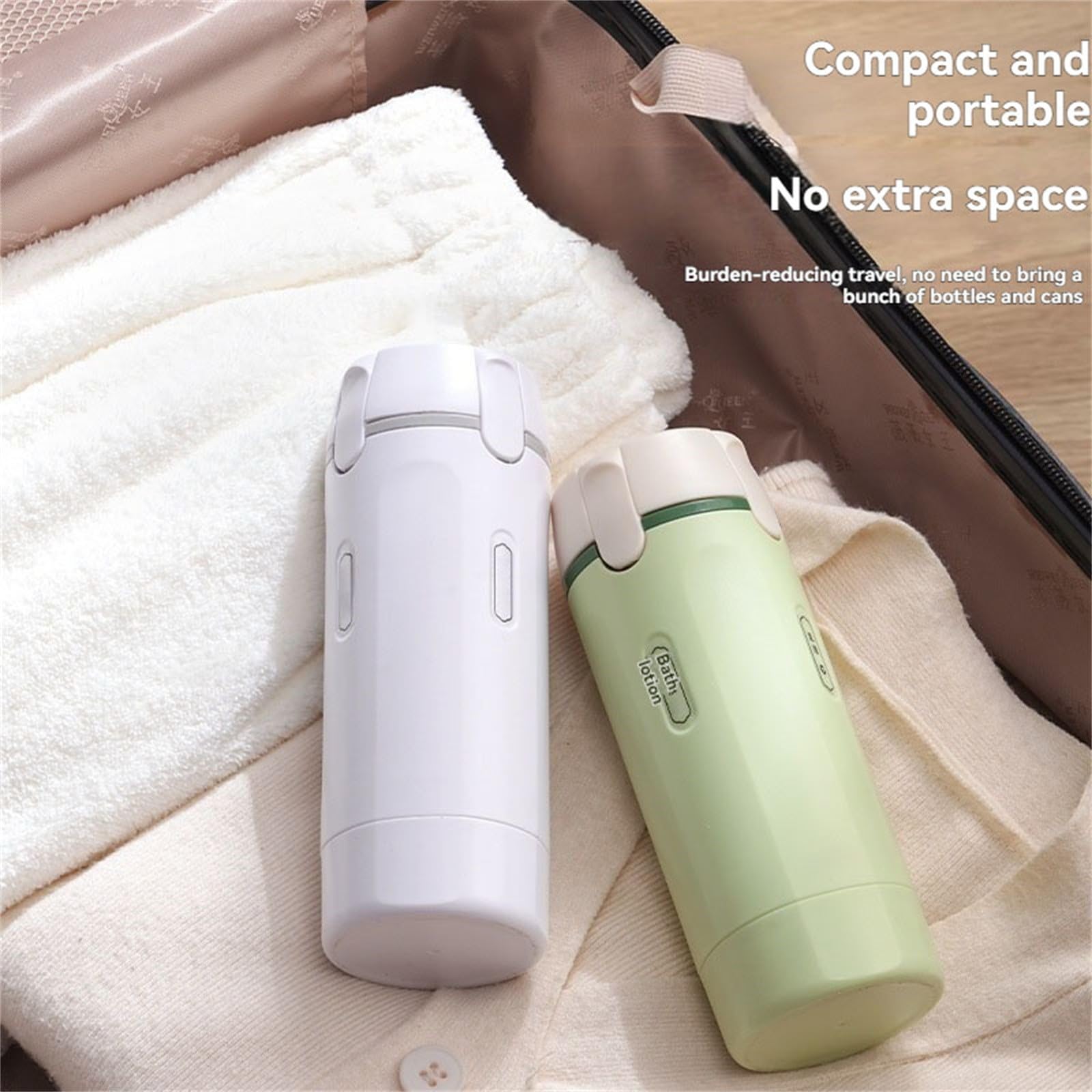 Bottiglie da viaggio 4 in 1 ricaricabili con design a prova di perdite, bottiglie portatili comprimibili per shampoo e liquidi, etichette facili da scalare