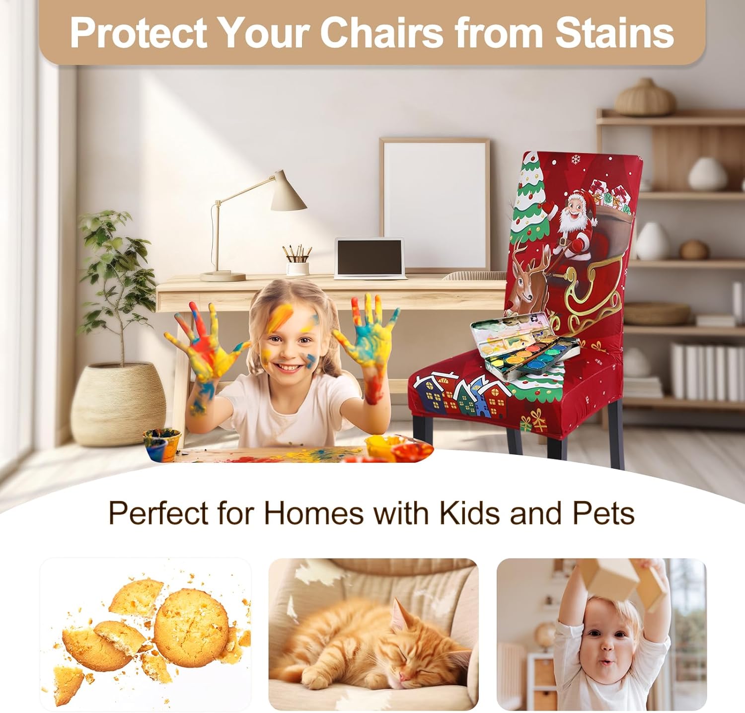 SearchI Christmas Dining Chair Covers Set of 6,Stretch Printed Kitchen Chair Cover Washable Spandex Xmas Parsons Chair Protector Slipcovers for Christmas Decoration,Holiday Party(Santa+Deer)