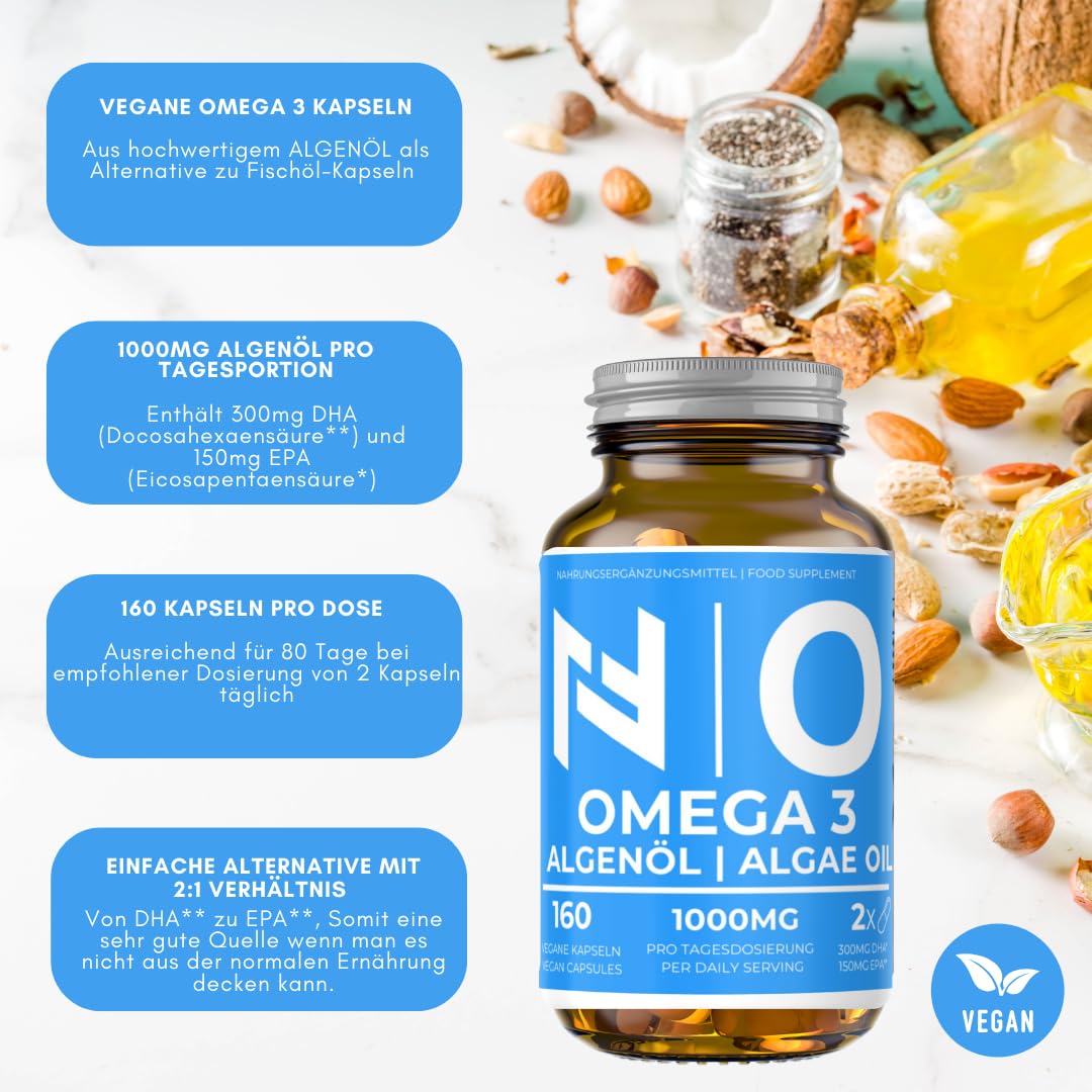Natura-Fitness24 Vegane Omega-3 Kapseln aus Algenöl, 160 Kapseln à 500mg