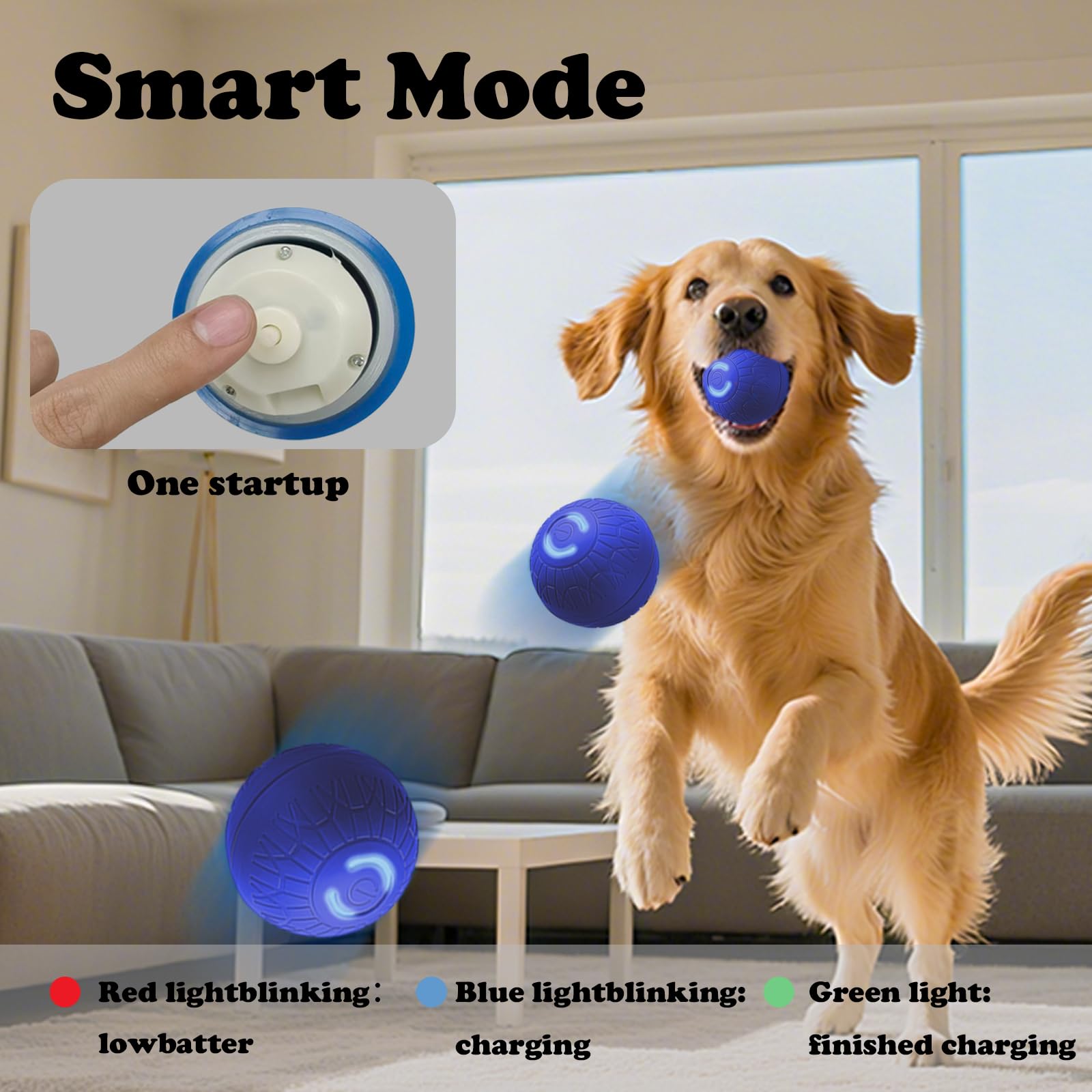 Duraspin Balle interactive pour chien, auto-rebondissante, vibrante et enroulable, arrêt automatique, jouet pour chiens de taille moyenne/grande (S, bleu)
