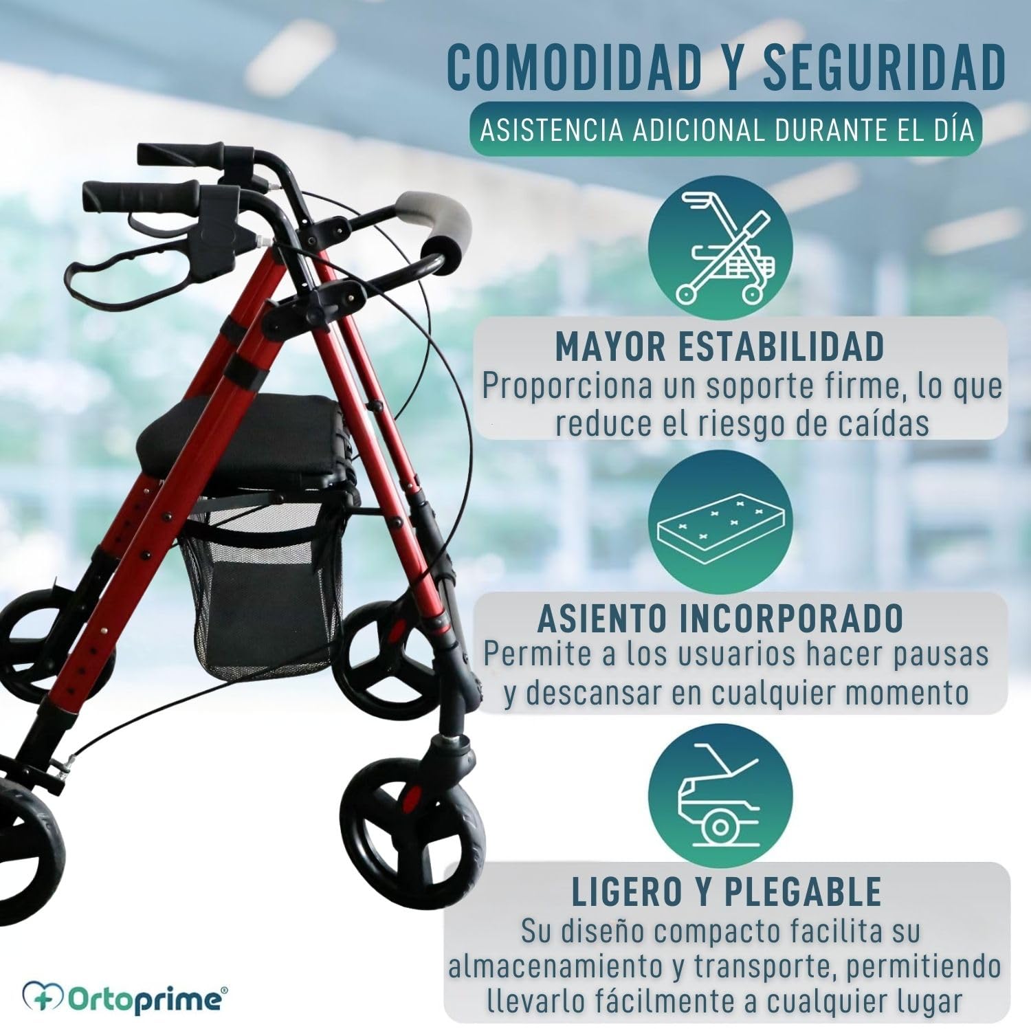 OrtoPrime Andador para Ancianos ASIENTO ALTURA REGULABLE Andador Adultos con Cesta Andadores Adultos PLEGABLE - Andador con asiento Tacataca Ancianos - Caminador Personas Mayores ROLLATOR 4 Ruedas