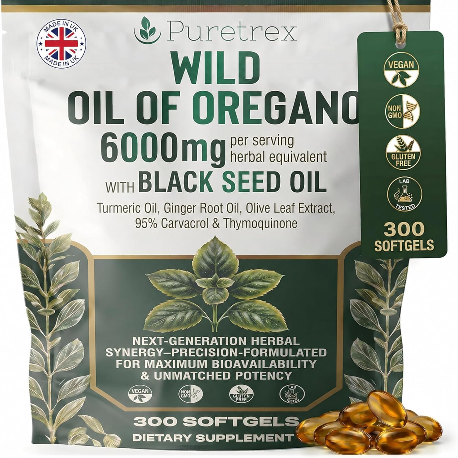 Wild Oil of Oregano with Black Seed Oil 300 Softgels, Ginger