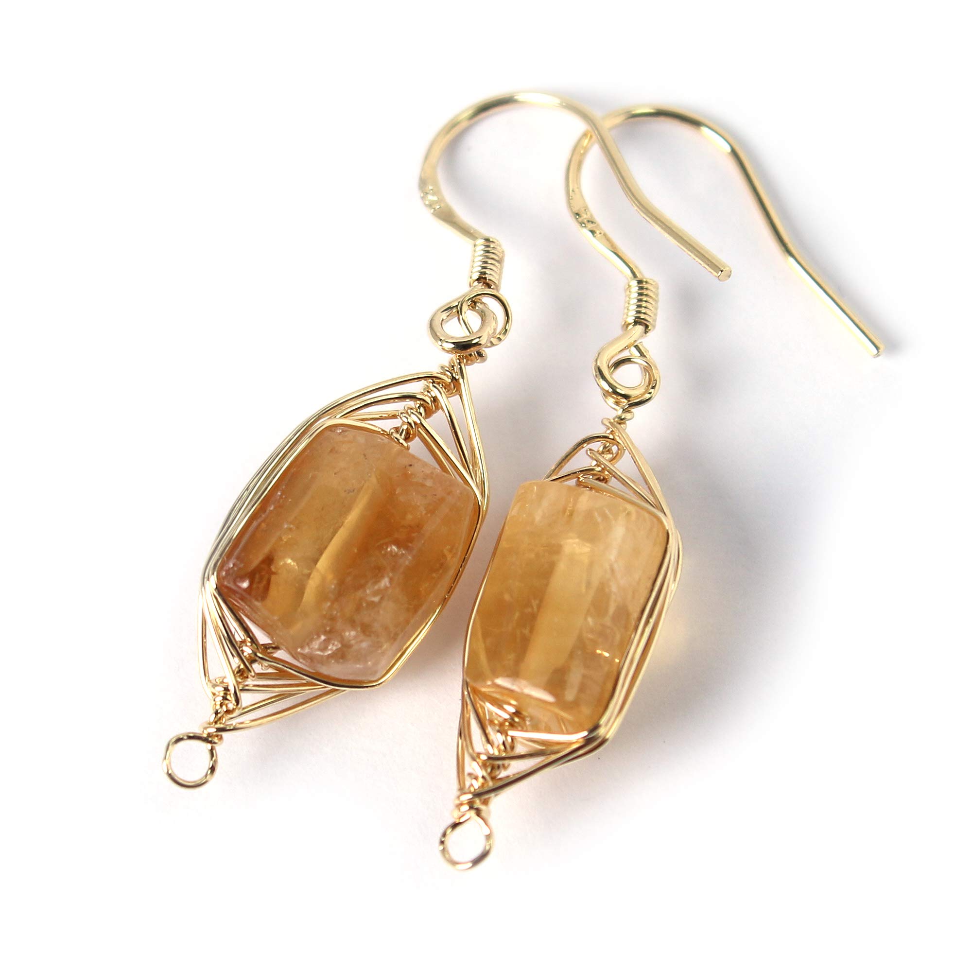 Natural Stone Wire Wrap Dangle Drop Earrings Gold Plated 925 Sterling Silver Hook/Raw Citrine 10mm