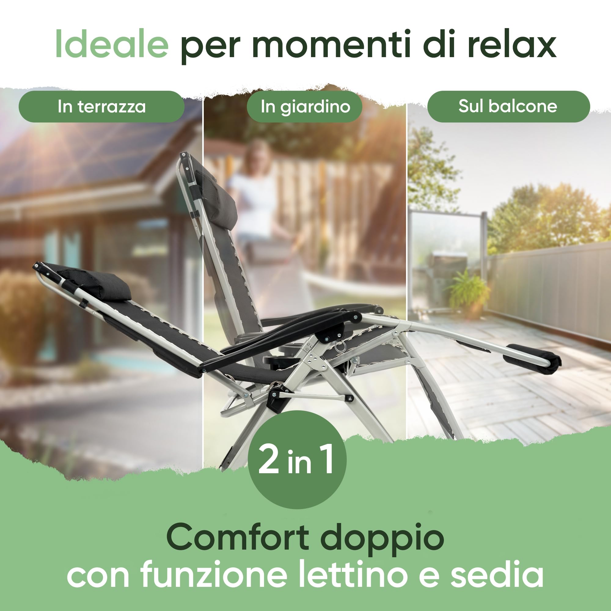 NatureLiving® Sdraio Prendisole Pieghevole con Tettuccio – Robusta, Richiudibile, Resistente alle Intemperie – Lettino da Giardino e Balcone XXL, Reclinabile, Outdoor Relax, Portata 200 kg (Nero)