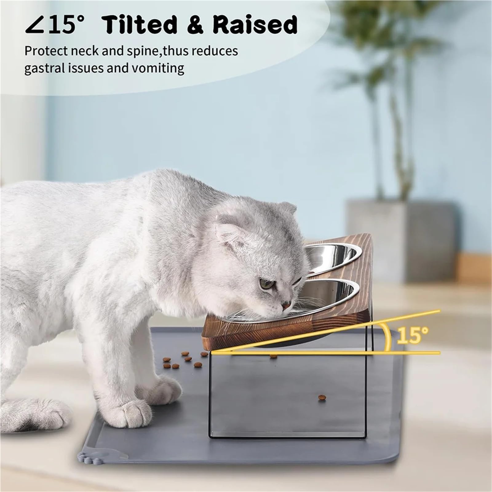 Um 15° geneigte Katzennäpfe mit Matte. 2 Edelstahlnäpfe