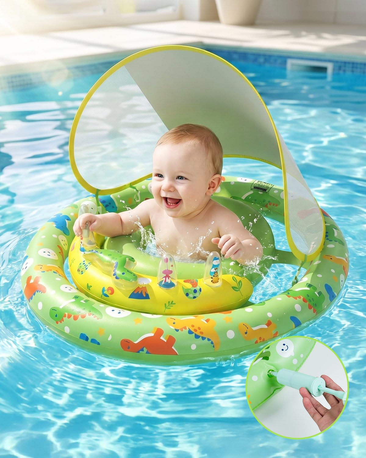Photo 1 of Rantion Baby Pool Float, UPF50+ Sun Protection Baby Float with Canopy, Water Swimming Essentials Flosties with Toys Tray, Inflatable Swim Float with Air Pump for Infant Babies Toddler 6-36 Months