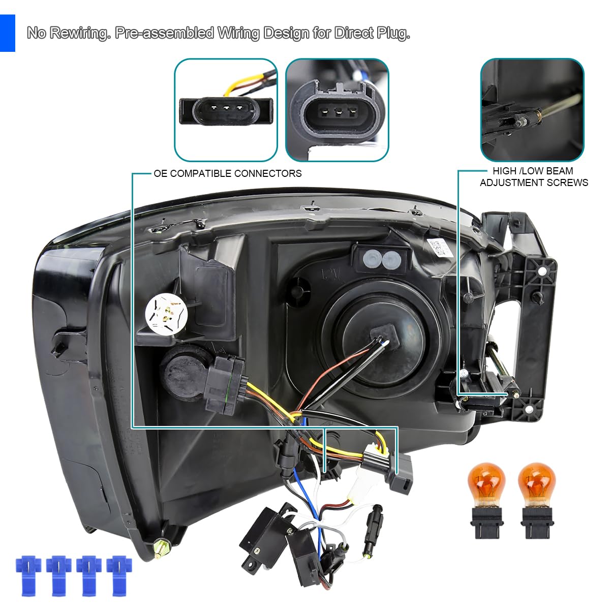 Maxcomotors Black Projector Headlights For 2006-2008 Dodge Ram 1500/2500/3500 – With LED Tube