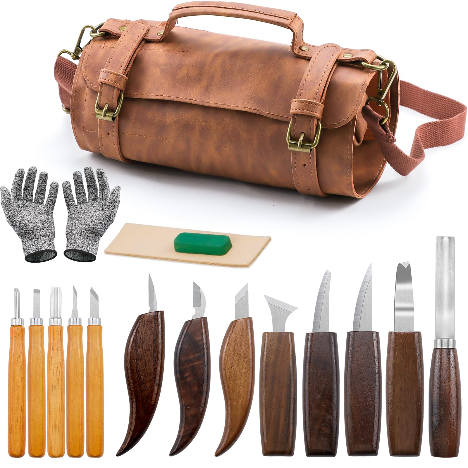 Qingning Kit de Sculpture sur Bois-17pcs, Kit D'outils de Sculpture sur Bois avec Étui en Cuir, Set de Couteaux de Sculpture sur Bois,DIY Kit de Couteaux pour Sculpter pour Débutants et Professionnel
