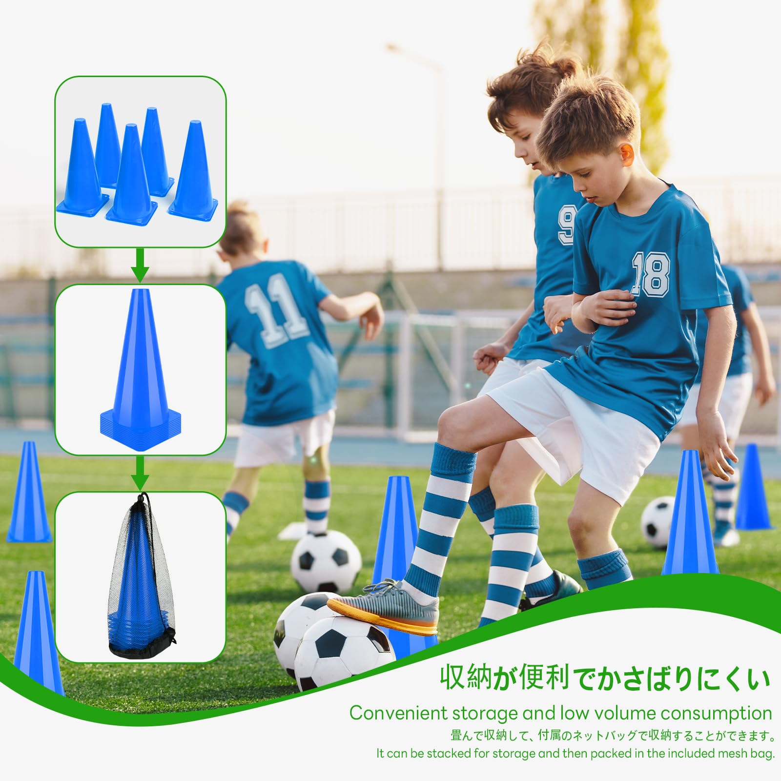 BiAnYC 10本セット 32cm マーカーコーン 青,カラーコーン ミニ,ミニコーン,サッカー コーン,三角コーン ミニ, サッカー 野球 テニス フットサル 練習コーン,ボールスポーツ 団体競技や部活 陸上競技 運動会 スポーツコーン, 収納袋付き