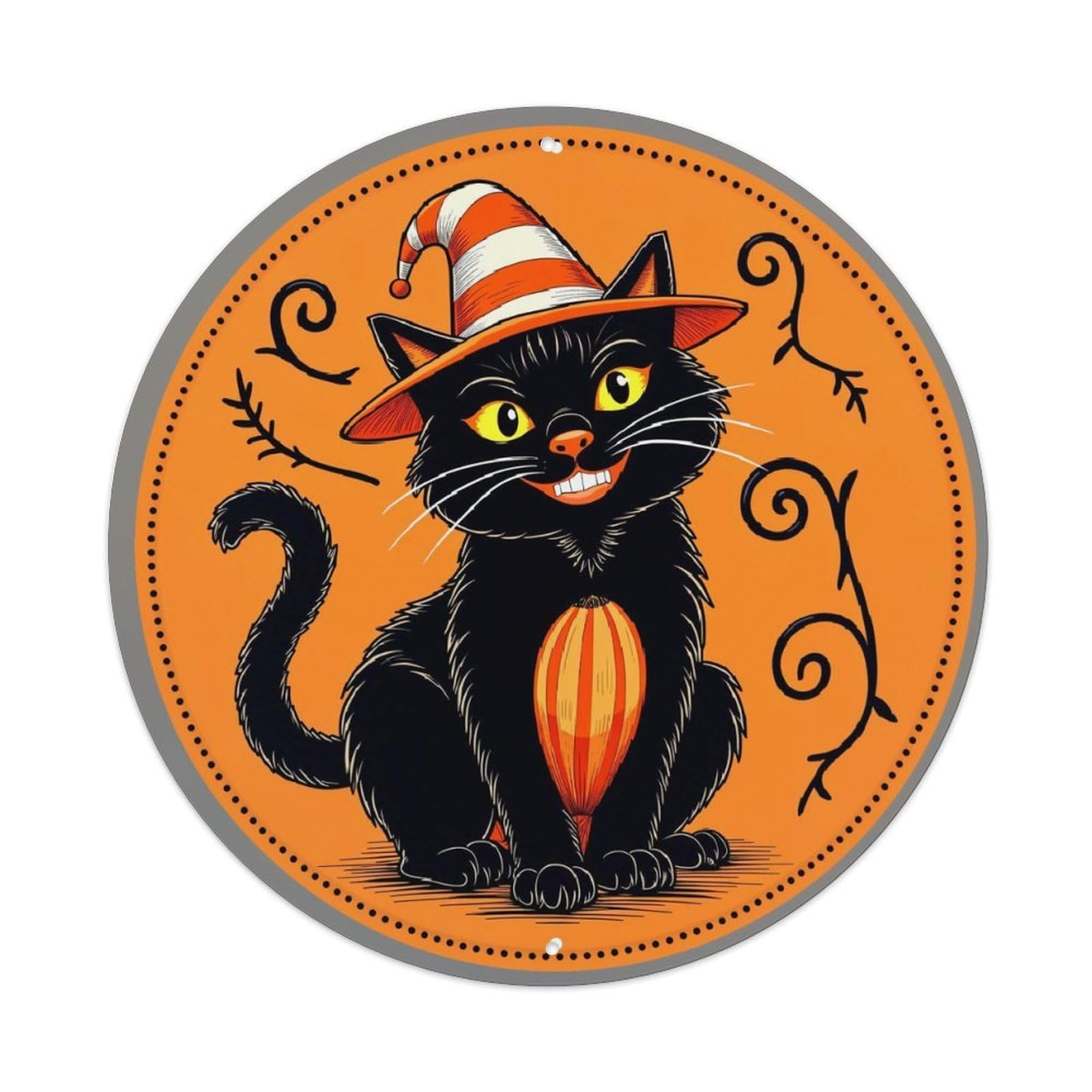 Black Cat With Hat And Pumpkin Retro Metal Sign Round Tin Sign, Vintage Decor Art Poster for Bar, Home, Man Cave, Kitchen, Laundry Room Gift 8x8Inch
