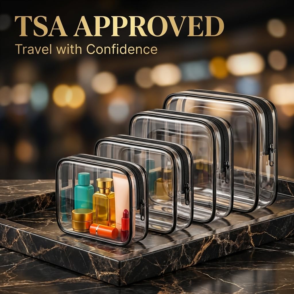 4 sacchetti trasparenti per articoli da toeletta da viaggio, borse impermeabili approvate TSAA, borse cosmetiche trasparenti in PVC, essenziali da viaggio