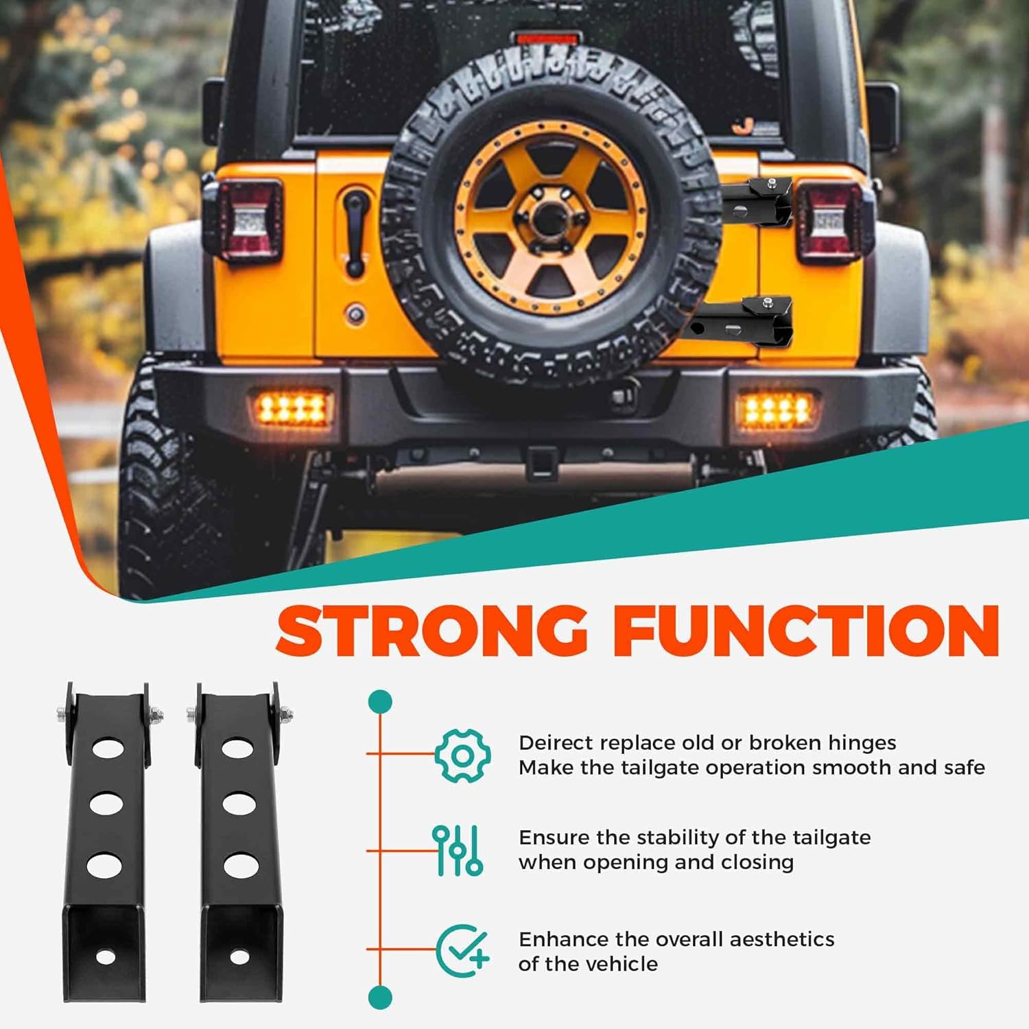 HECASA Tailgate Hinge Set - Jeep Wrangler JK JKU (2007-2018) - Black Powder Coated Steel - Heavy Duty Reinforced