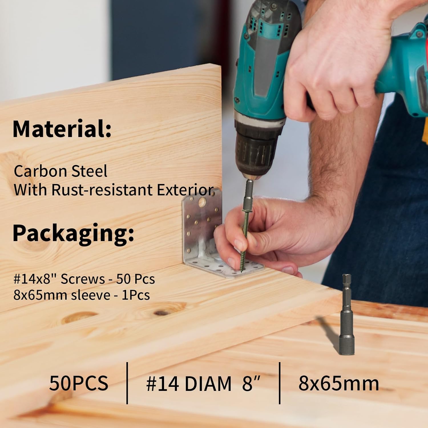 Structural Wood Screws 8 Inch,50-PCS #14 x 8 Heavy Duty Timber Screws, Rust Resistant, Washer Head, Green Coated Exterior Wood/Lag/Timber Screws Hex Socket Included