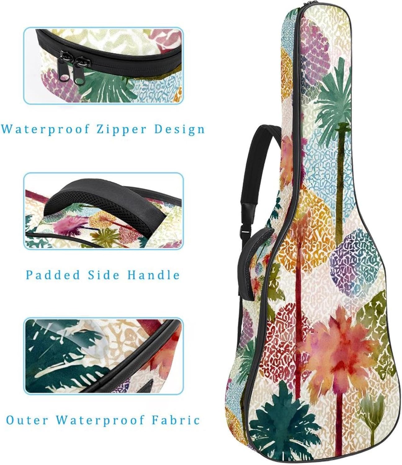 40 41 42 Inch Acoustic Guitar Bag, 0.4 In Thick Sponge Padded Guitar Case Gig Bag with Back Hanger Loop and 2 Pockets, Watercolor Palm Trees and Geometric Texture