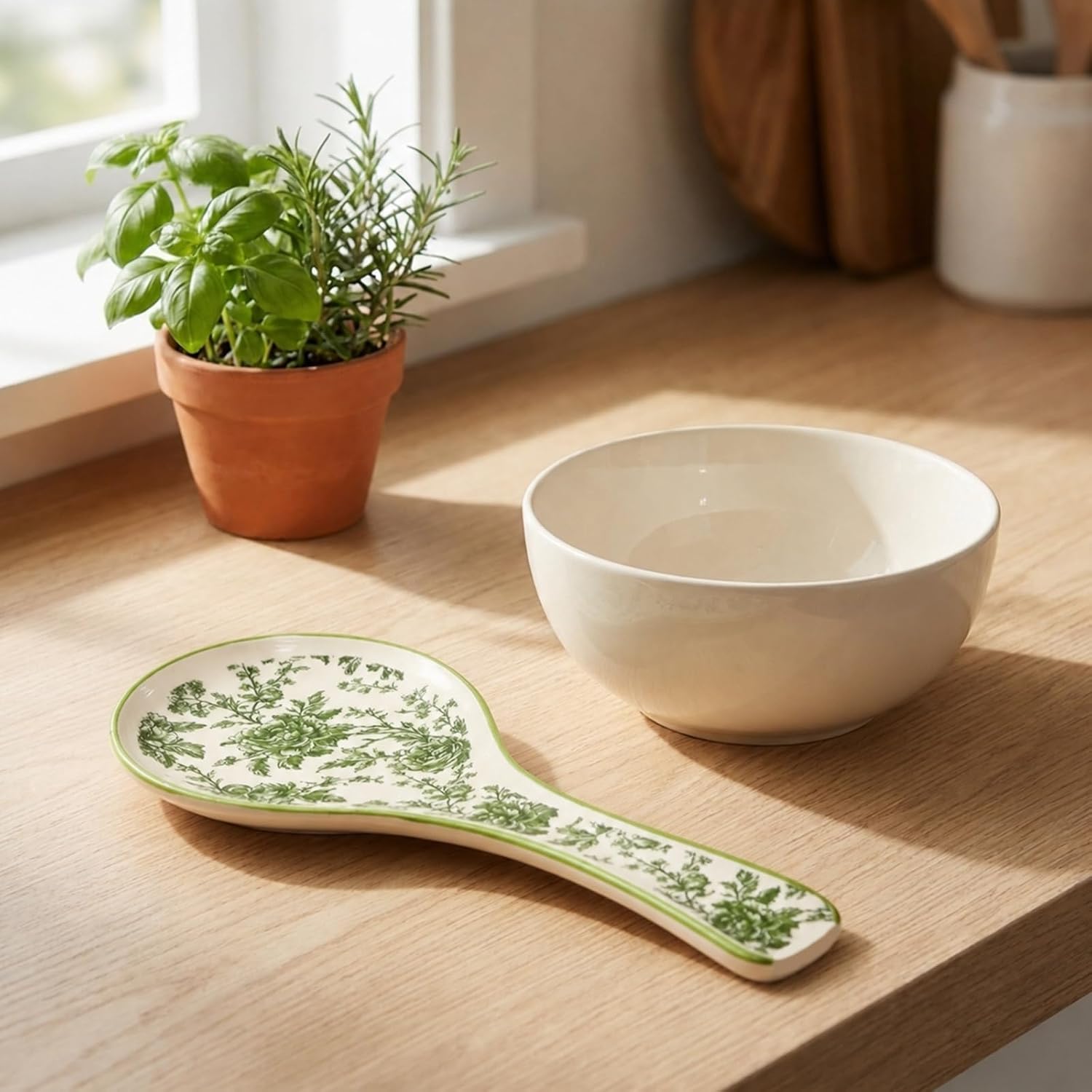 Whaline 8.9 Inch Green Floral Spoon Rest, Ceramic Spoon Holder