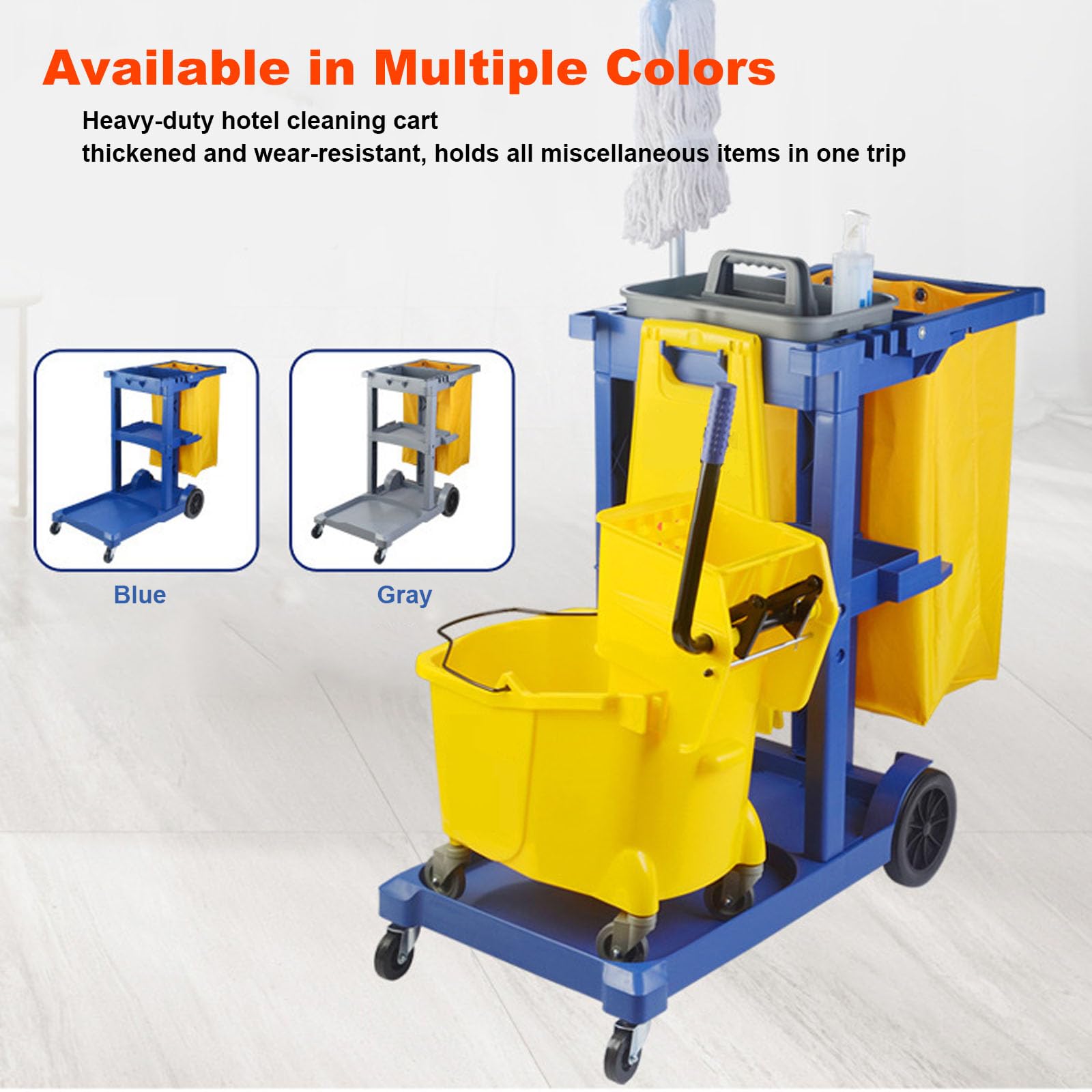 Carrito de limpieza de 3 estantes con ruedas silenciosas y bolsa de gran capacidad para hotel, oficina, hospital, uso comercial