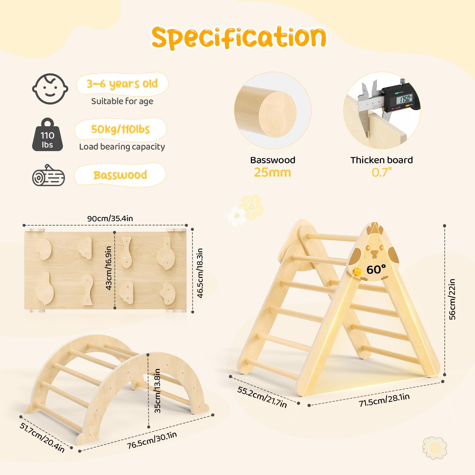7-in-1 Montessori Klettergerüst Set Indoor Spielset mit Bogen, Rampe und Kletterdreieck, Holz-Dreieckset für Baby-Innenspielplatz für Kinder, Spielplatz-Klettertoys für Kleinkinder (Holzfarbe)