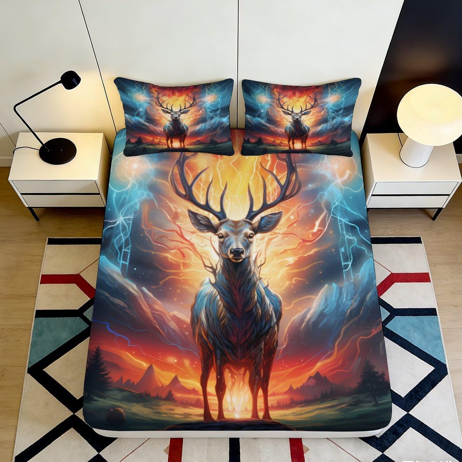 3D Printed Fantasy Deer Fitted Sheet Microfiber Soft Anti-Slip Sunset Forest Mattress Cover Bedroom Decor 90x200x25cm