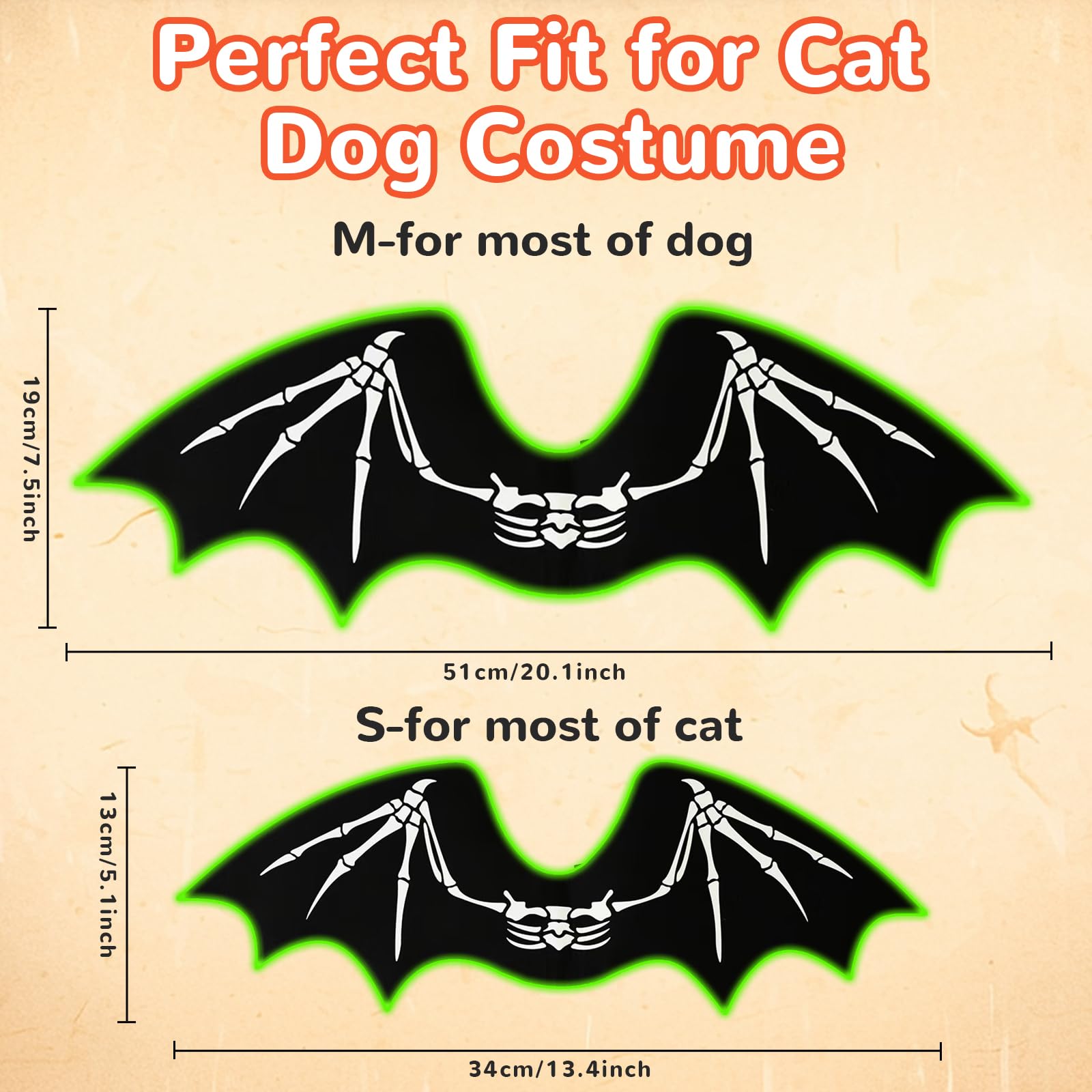 Dog Halloween Bat Costumes, Dog Cat Glow in the Dark Skeleton Bat Wings with Pumpkin Bell - Image 4