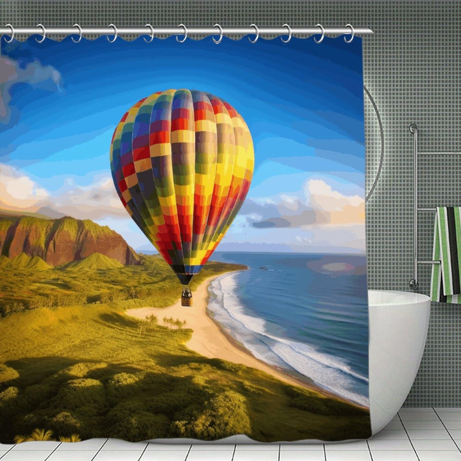 VstaDank Hawaii Hot Air Balloon Shower Curtain Light-Weight Blackout Bathroom Curtain Washable Shower Liner 71x71 Inch Bath Curtain with Metal Holes Bathtub Bath Room