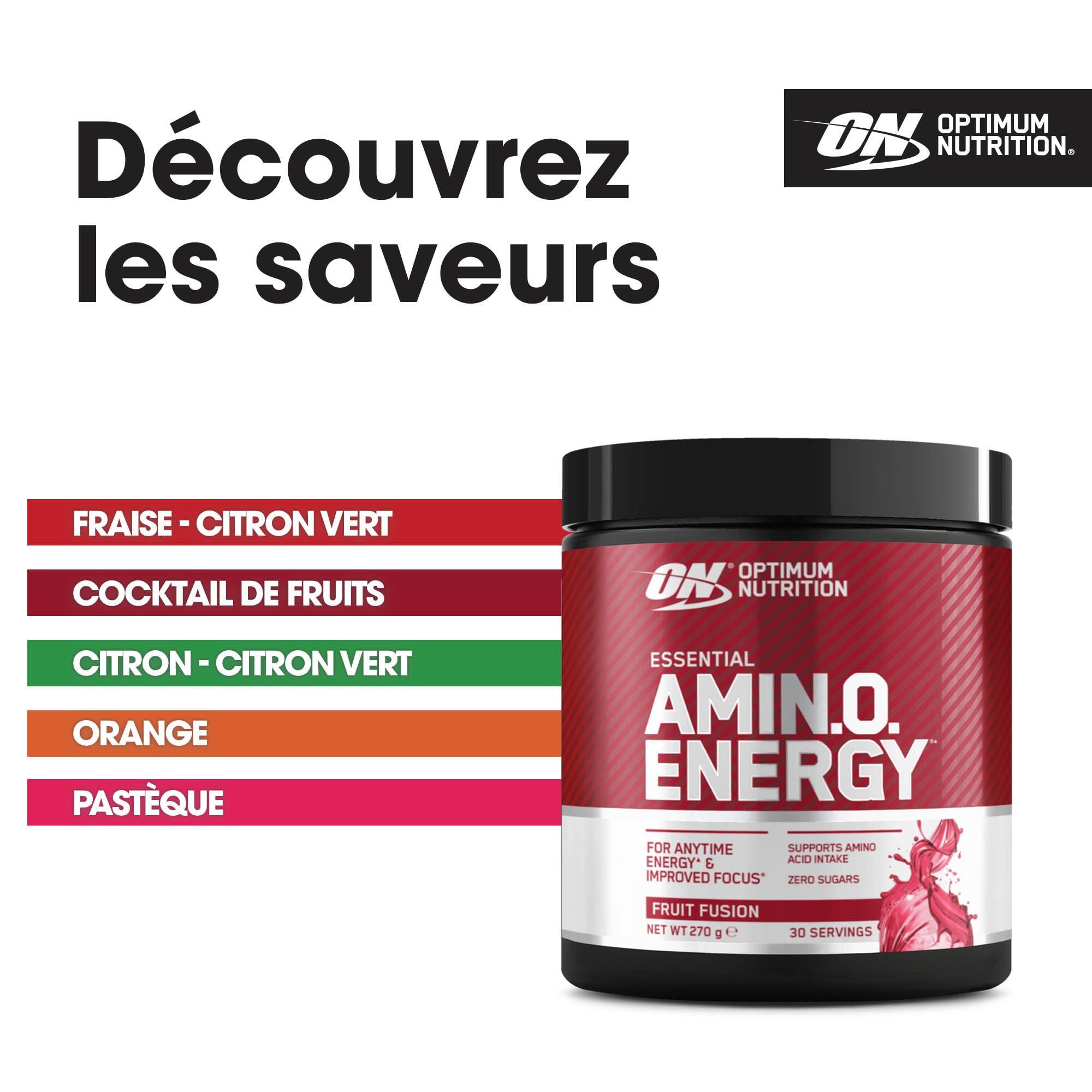 Optimum Nutrition Amino Energy Pre Workout en poudre, boisson énergisante avec acides aminés, BCAA, L-Glutamine et L-Leucine, complément vitamine C caféine, goût Fruit Fusion, 30 portions, 270 g