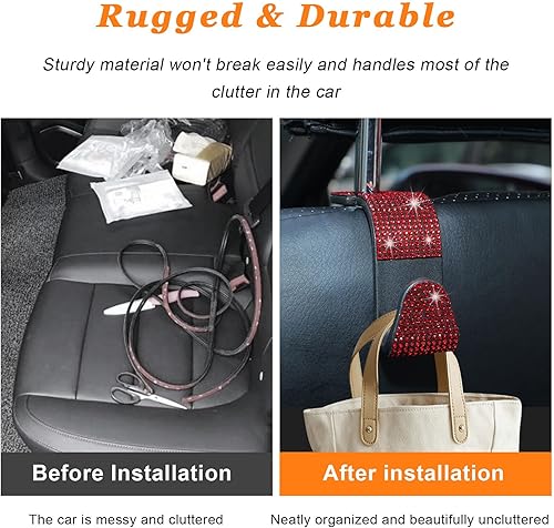 Miniatura 5 de 4 ganchos brillantes para reposacabezas de asiento de automóvil, organizador de almacenamiento de diamantes de imitación para asiento trasero,