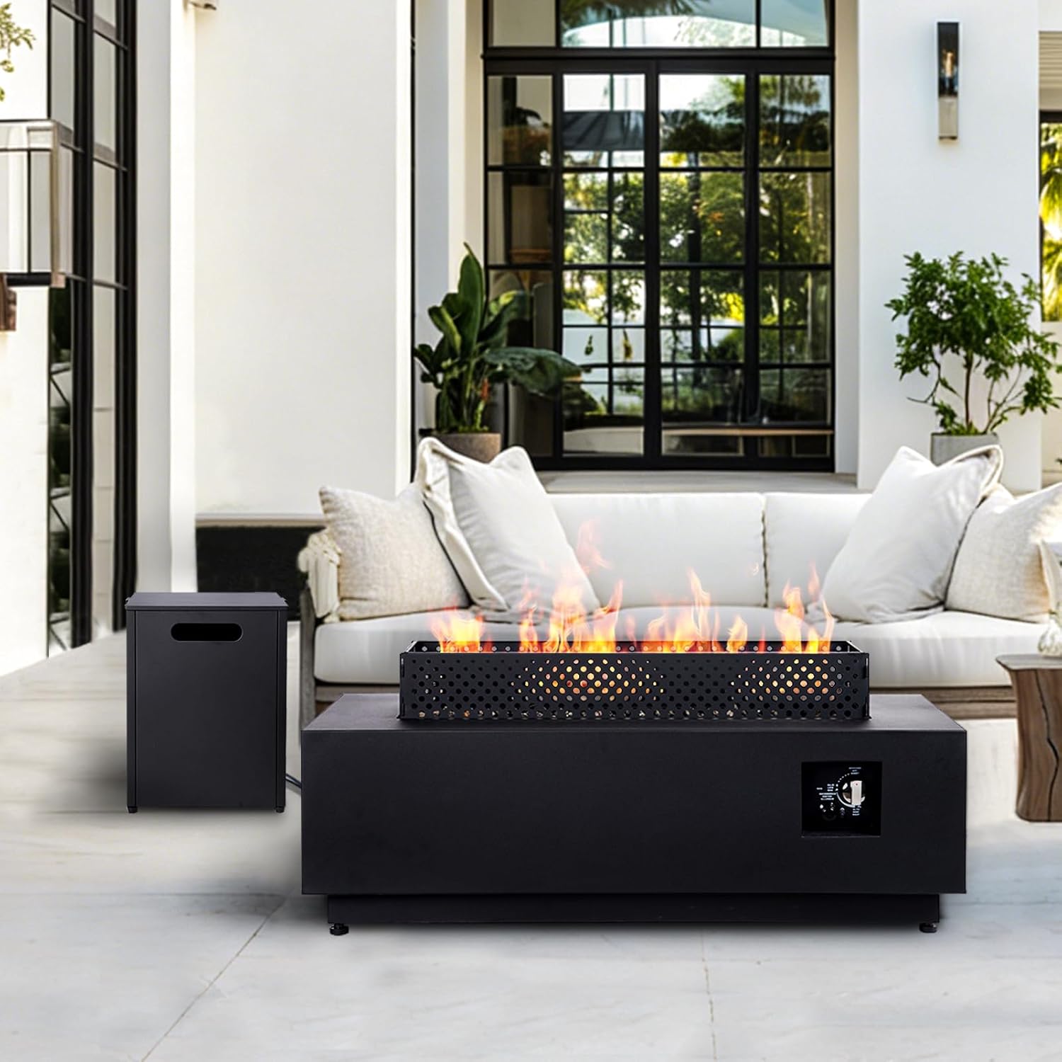 42 Inch Propane Fire Pit Table, 3-piece Outdoor Rectangular Fire Pit, 50,000BTU Fireplaces for Outside Patio with Hidden Tank Table, Griddle, Wind Guard, Lid, Black