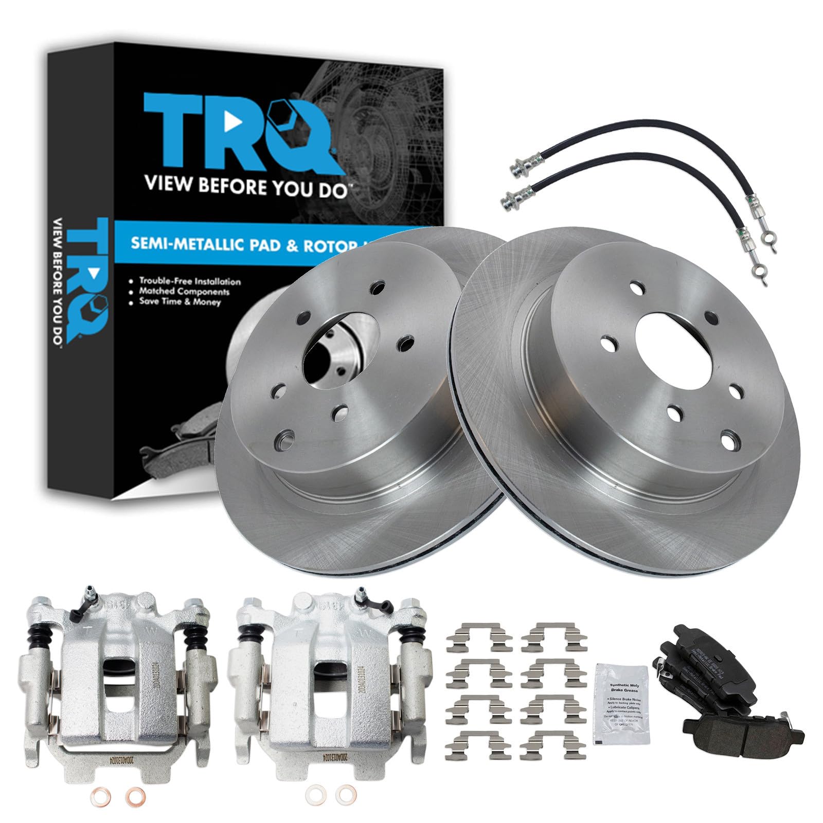 TRQ Rear Brake Pad and Rotor Set Semi Metallic Rotors Calipers Compatible with 2012-2013 Infiniti M35h 2011-2013 M37 M56 2014-2018 Q50 2017-2018 Q60 Q70 2016-2018 Q70L