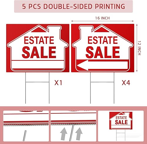 Miniatura 2 de Paquete de 5 Señales de venta de bienes Señales direccionales de doble cara de 16 x 12 pulgadas con flechas y estacas de metal en H Señales