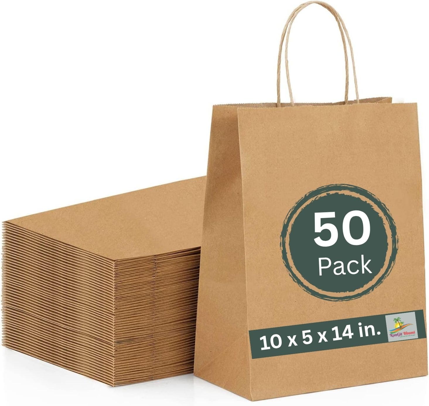 Brown Kraft Paper Bags with Handles- 50pcs 10"x14"x5" Medium Size Bags, Return Gift Craft Paper carry Bag for Shopping Retail Merchandise - Disposable