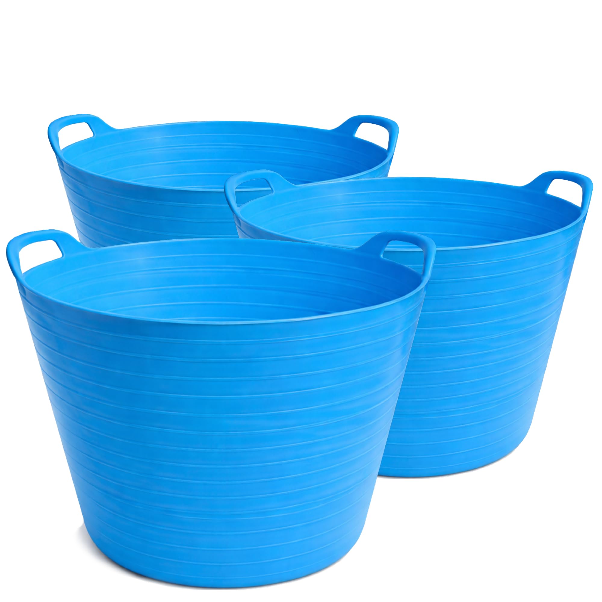 Blue 42L Flexible Tub Pack of 3 – Large Plastic Bucket with Handles, Ribbed Design, Multi-Purpose for Garden, Laundry, DIY, Water, Soil & Storage Made in the UK