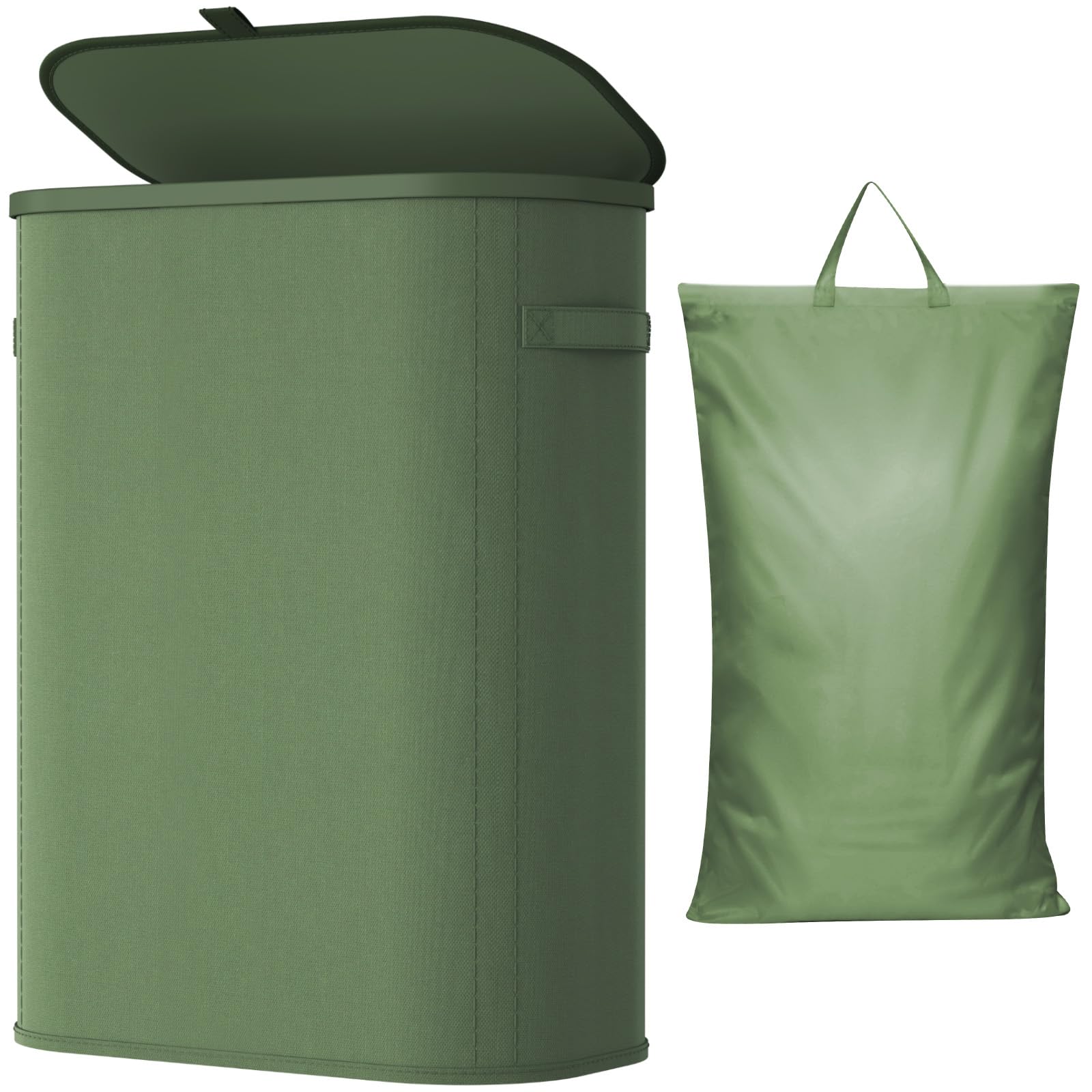 Lifewit 55L Laundry Basket with Lid, Slim Washing Basket with Handles and Bag, Large Foldable Dirty Clothes Organiser with Plastic Frame for Laundry Room, Bedroom, Bathroom, Green