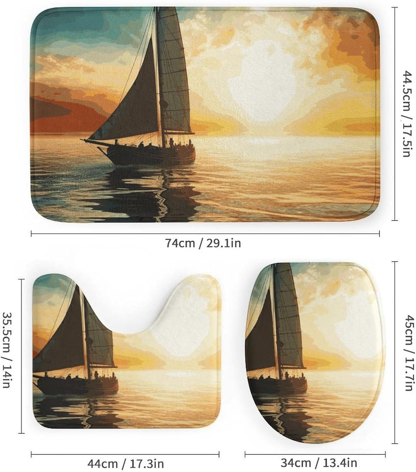 4 Piece Bathroom Rug Set with Shower Curtain, Non-Slip Bath Mat Toilet Cover Set, Boat on The Ocean Bathroom Rug Sets