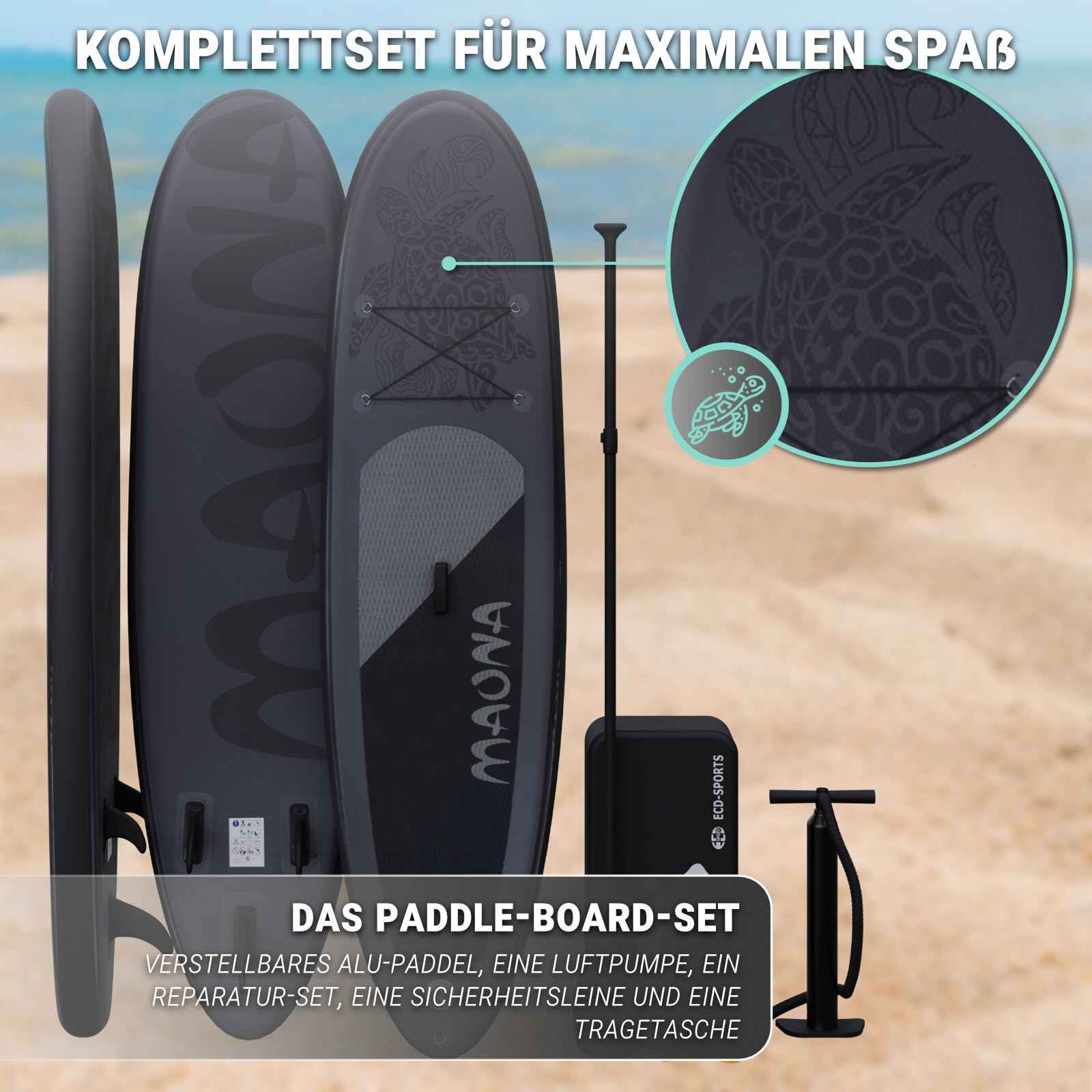 Stand Up Paddle-Board | SUP Board | 308 cm lang | Komplettset Alu-Paddel | Luftpumpe | Tragetasche | 120 kg Tragkraft