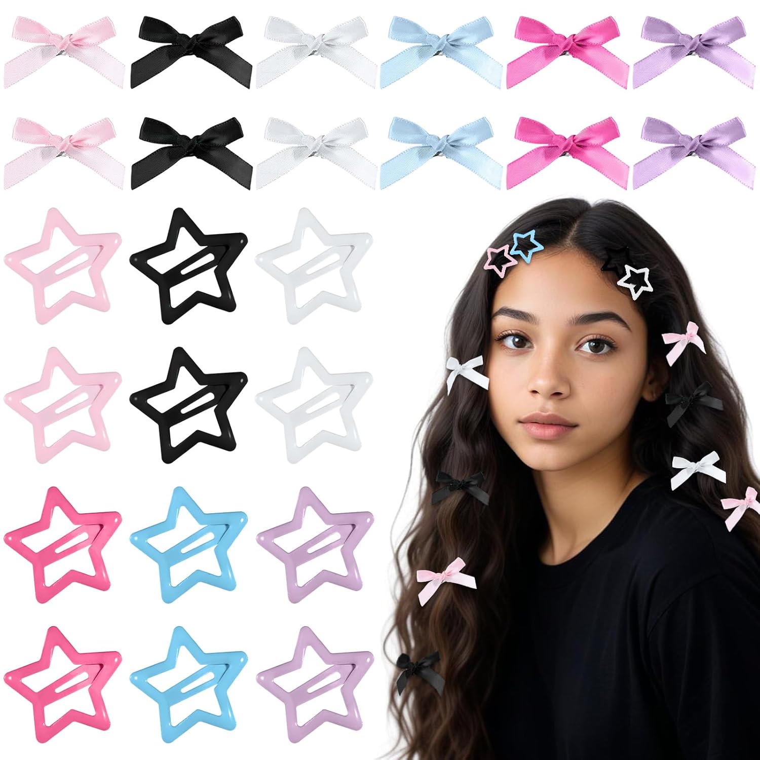 48PCS Bow Hair Clips Snap Stars Hair Accessories Hairs Bow Metal Star Cute Satin Mini Hairs Bows Clips Non-Slip Y2K Star Barrettes Bowknot for Women Ballet Style Christmas Gift