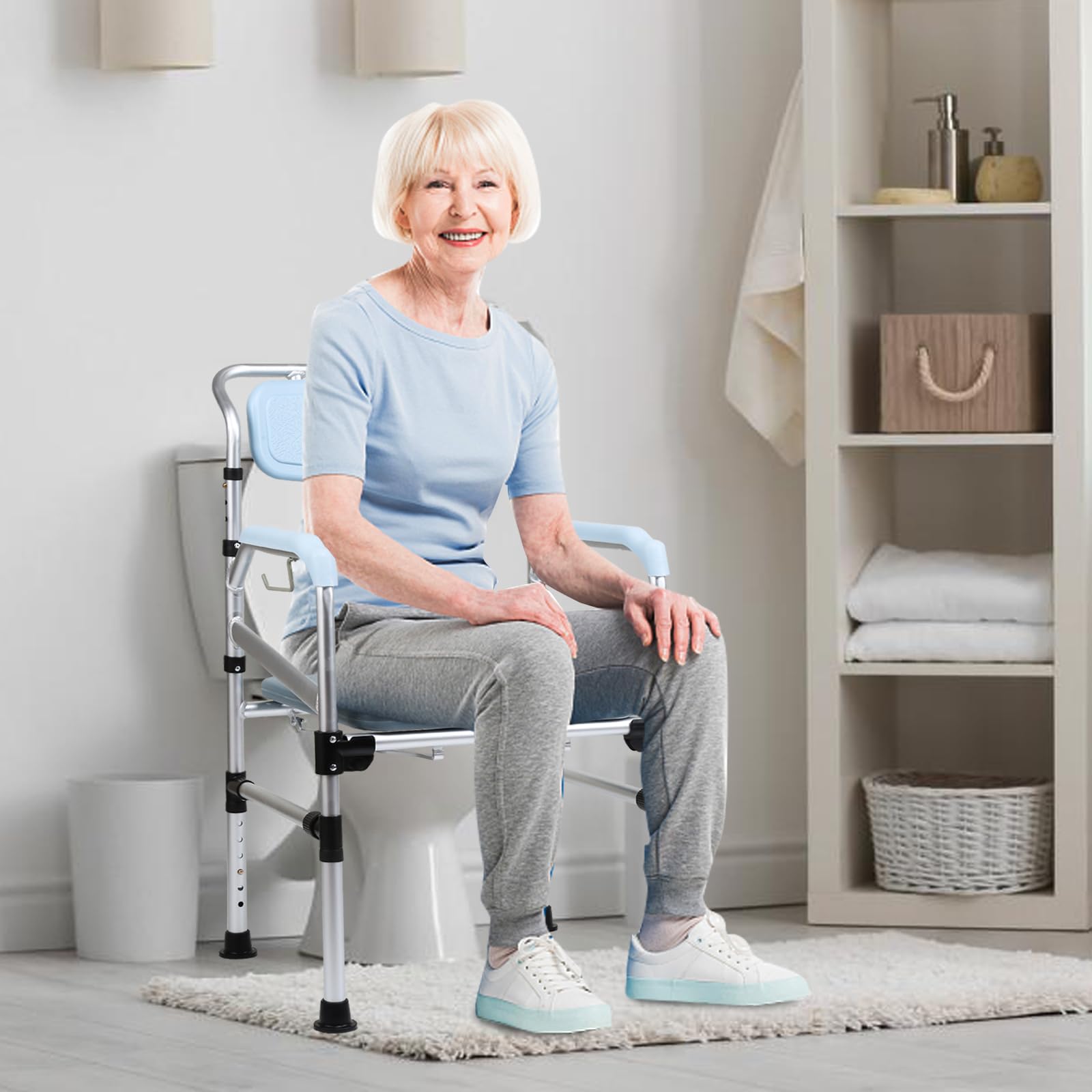 Sedia per WC per senior, portatile, regolabile in altezza, 42-54 cm, con seduta imbottita e secchio per WC, antiscivolo per camera da letto e bagno
