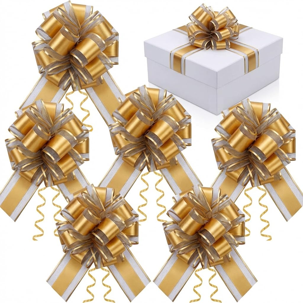 6 Pcs Gold Bows for Gift Wrapping,Big Bow for Present,Large,for Presents,Ribbon,Large Pull, Matte Bouquets,for Wedding Christmas Birthday Party Baskets Valentine's Day Flower Boxes Decoration (Gold)