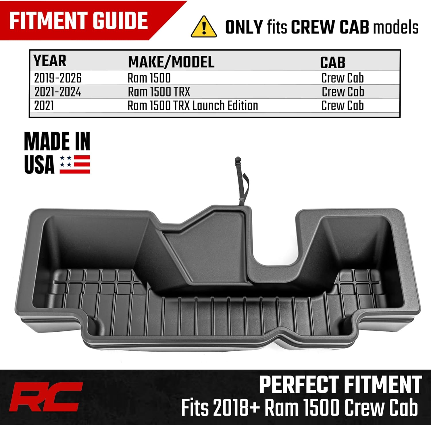 Rough Country Under Seat Storage for Ram 1500 Crew Cab (2019-2026) - Custom Rear Under Seat Organizer Tray without Lid