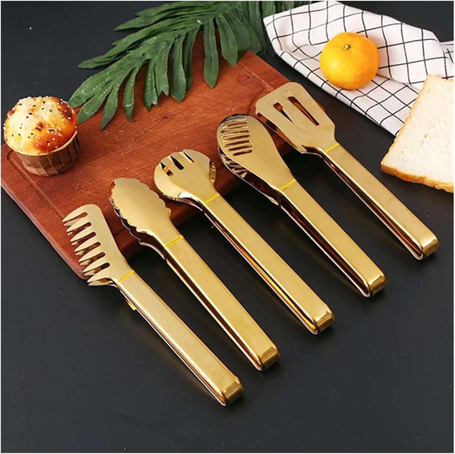 BBQ Tongs, BBQ 18-Styles Gold BBQ Food Tongs Steak Clip Stainless Steel Hollow Cake Bread Grill Clamp Cooking Utensils Kitchen Accessories(Style 7)